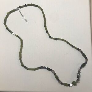 Beaded Green Jade and Amethyst Silver Tone Tribal Heart Necklace 30”